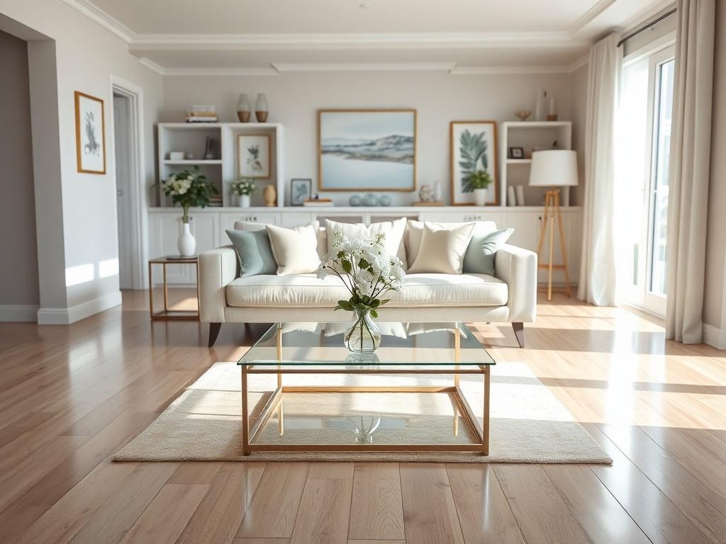A realistic high-resolution photo of a pristine residential living space, showcasing a beautifully organized room with sparkling clean surfaces and bright natural light streaming through the windows. The focus is on a single couch with neatly arranged cushions, a polished coffee table with a vase of fresh flowers, and a gleaming hardwood floor. The background features soft decorations and art on the walls, creating an inviting and serene atmosphere. The composition should be simple and clear, emphasizing th