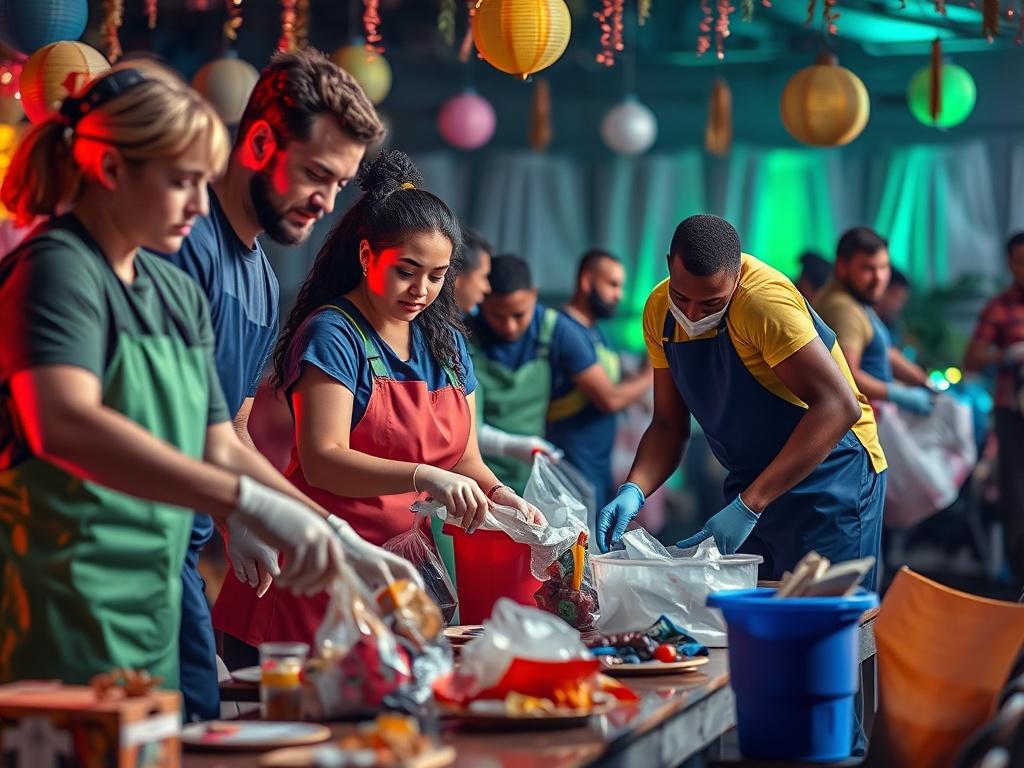 A diverse group of cleaners, including both Caucasian and African American individuals, engaged in a vibrant post-event cleanup scene. They are seen collecting trash and cleaning tables after a lively gathering. The background should show remnants of a party, with decorations and leftover food items, highlighting the turnaround from chaos to cleanliness.