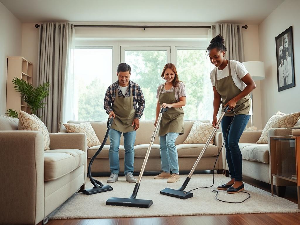 A diverse cleaning crew, composed of both Caucasian and African American individuals, efficiently cleaning a living room. They are seen moving furniture and vacuuming, showcasing the process of preparing a space for new occupants. The environment should look bright and airy, emphasizing cleanliness. The image should capture the friendly and professional demeanor of the team at work.