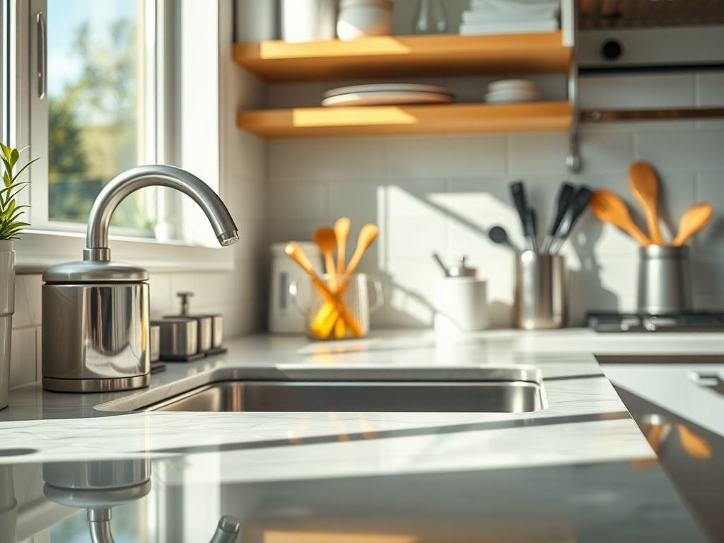 A hyper realistic close up of a sparkling kitchen countertop,