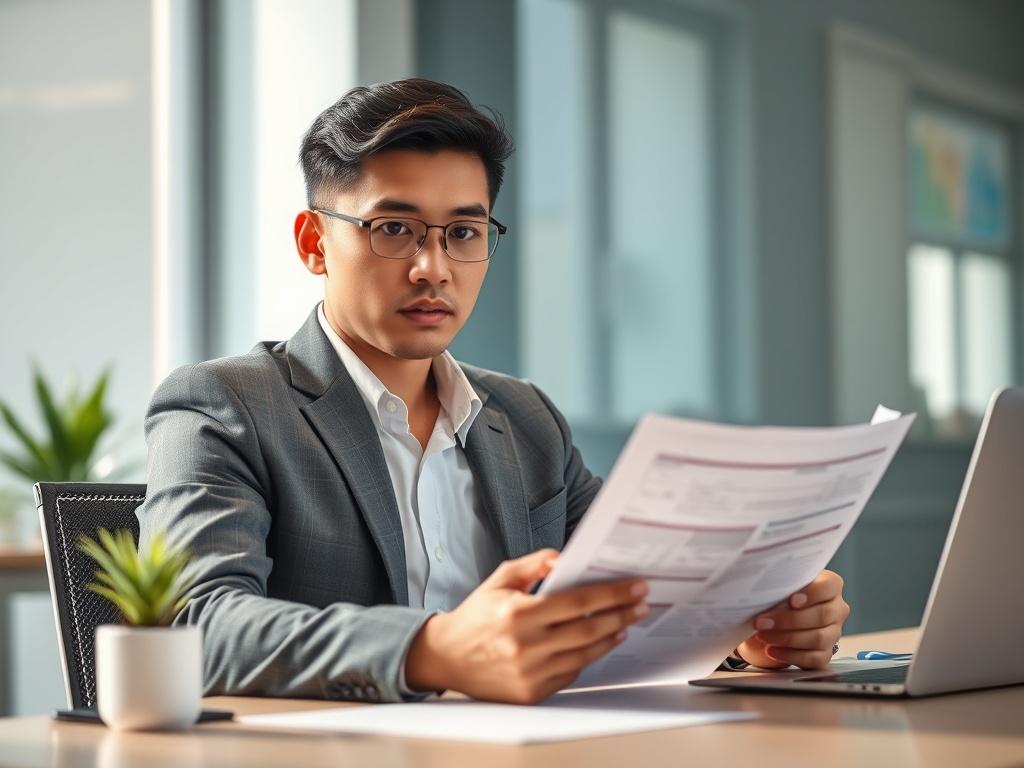 Create a highly detailed, realistic high-resolution photo to reflect the blog titled "Understanding Loan Amounts: From 200,000 to 5,000,000 Pesos." The image should prominently feature a close-up shot of a confident and professional individual (the subject) sitting at a modern, minimalistic desk. The subject should be reviewing a set of documents or financial reports related to loan amounts, with a thoughtful expression that conveys deep consideration of financial choices.

The background should be softly b