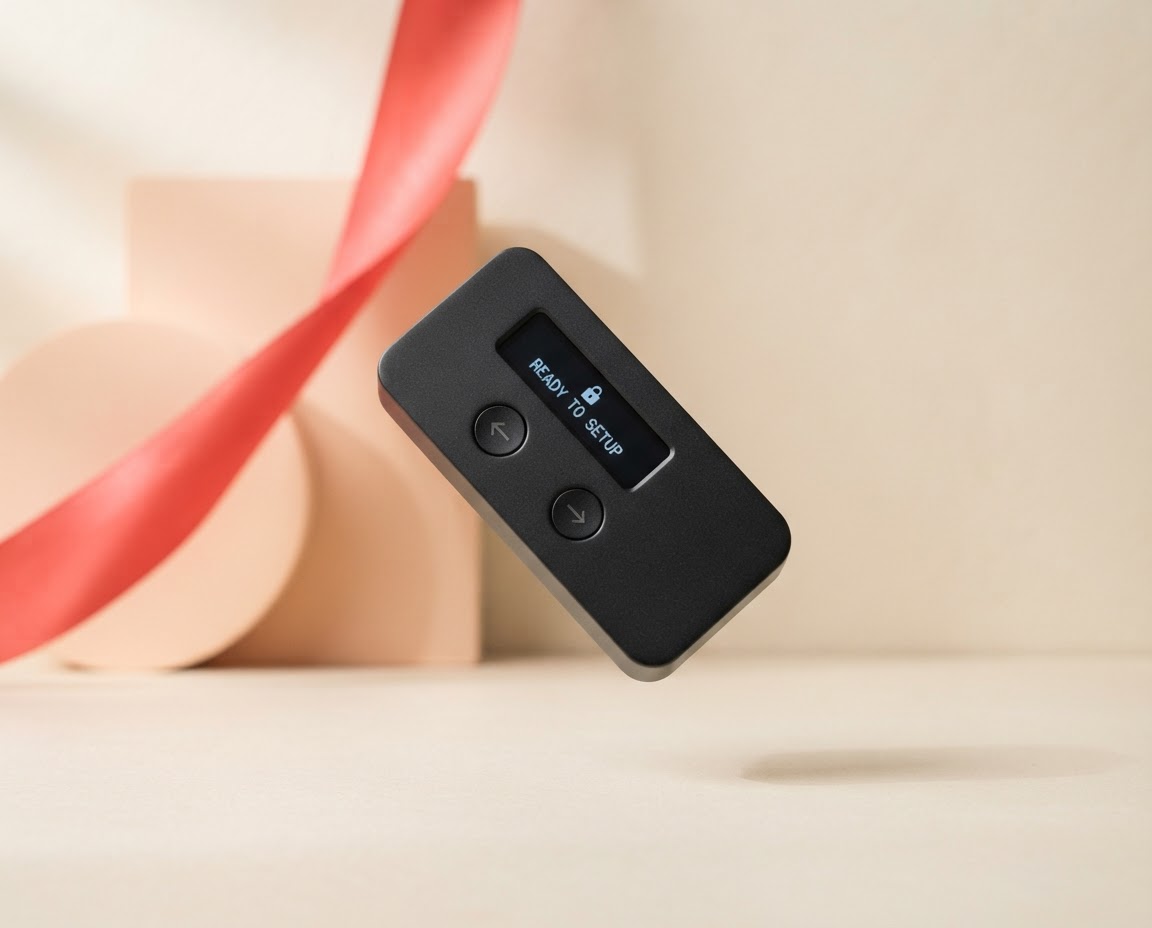 A compact hardware wallet device, ready for setup