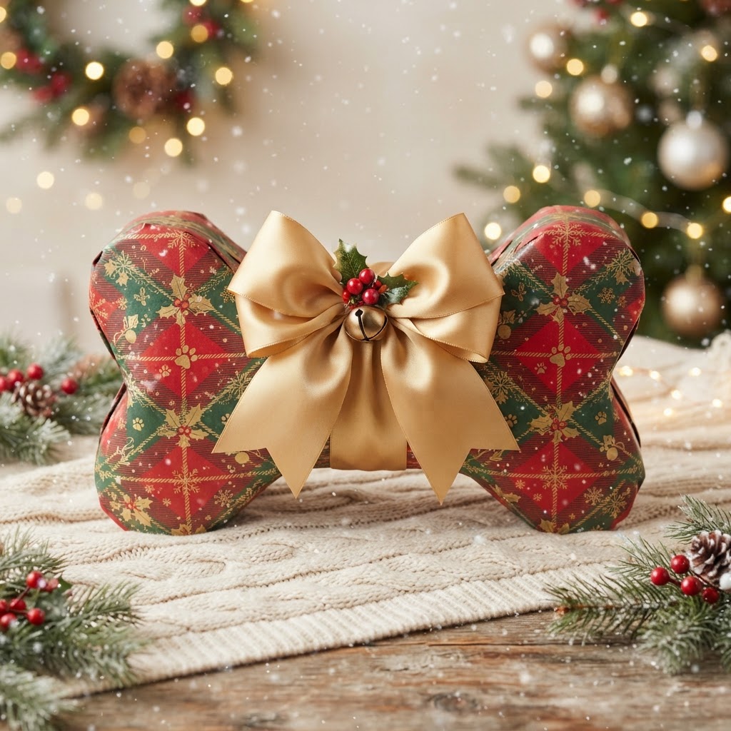 A giant dog bone wrapped as a Christmas present with a gold bow