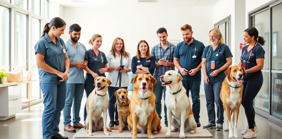 Professional dog care team working together