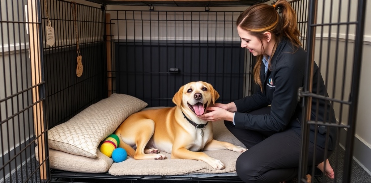 Professional crate training session with happy dog
