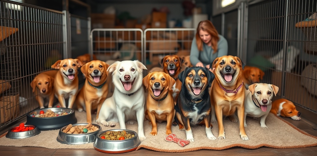 Rescued dogs receiving care and supplies