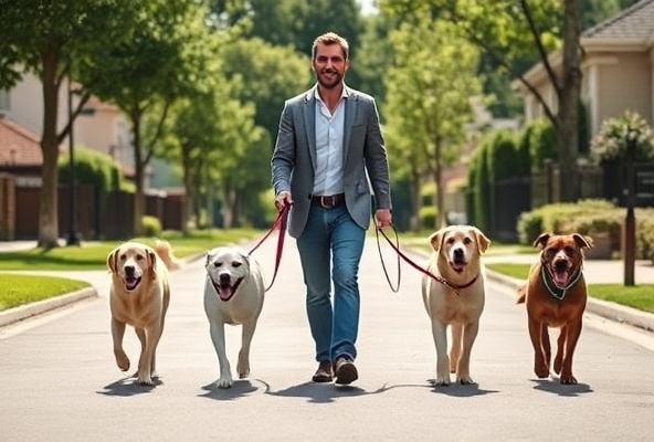 Professional dog walker with multiple dogs