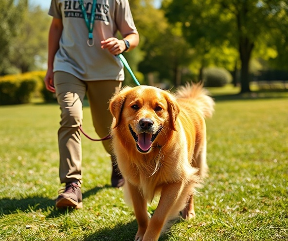 Happy dog with professional walker