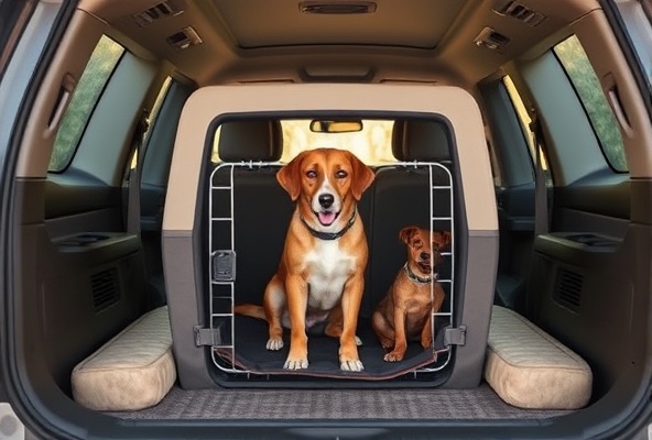 Dog in safe travel crate in vehicle