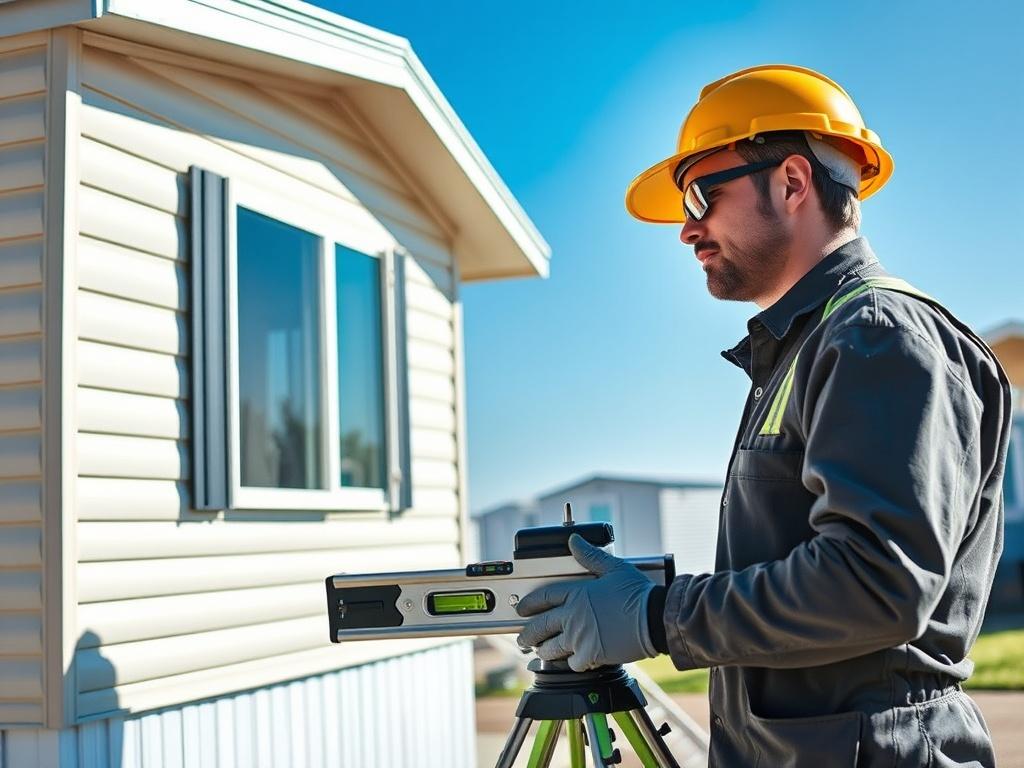 A skilled technician inspecting a mobile home, focusing on the leveling process. The technician is wearing safety gear and using a level tool. The background features a clear blue sky and a simple, well-maintained mobile home park. The composition should emphasize the technician and the tools, with minimal distractions, in a realistic high-resolution style.