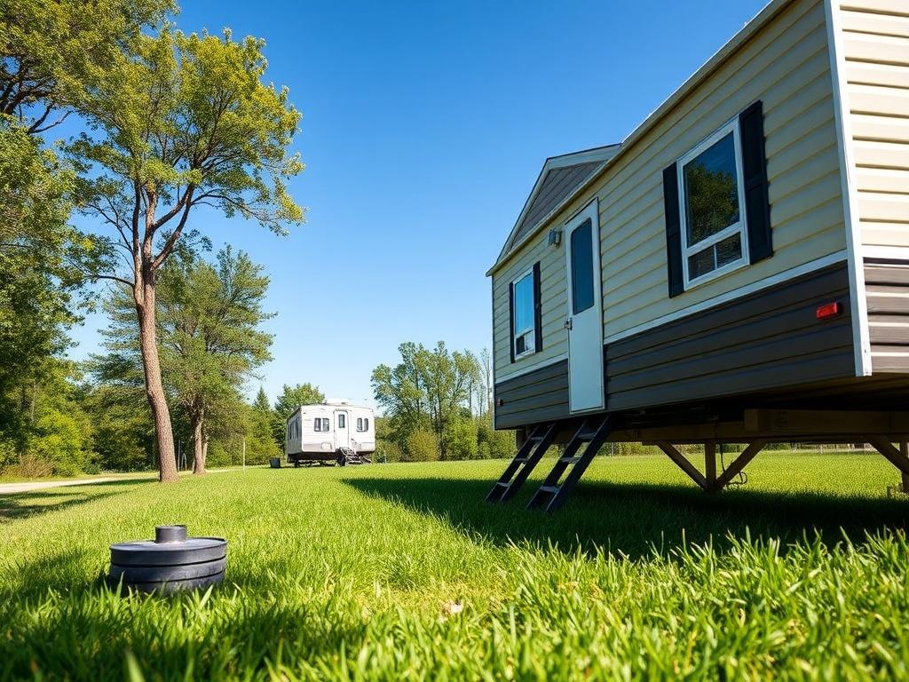 A close up shot of a well anchored mobile home