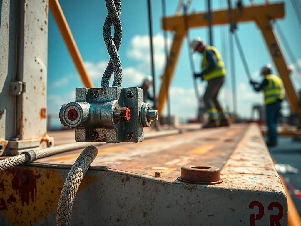 A detailed shot of a secure anchoring system being installed on a mobile structure. The focus is on the anchoring devices, with workers in the background properly securing the structure. The setting is a sunny day, highlighting safety and compliance with hurricane standards. The image conveys strength, reliability, and the importance of safety in anchoring solutions.
