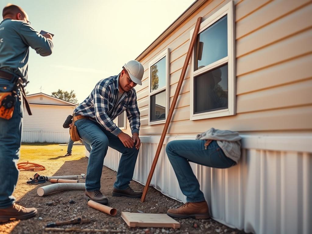 A close up shot of workers installing skirting around a