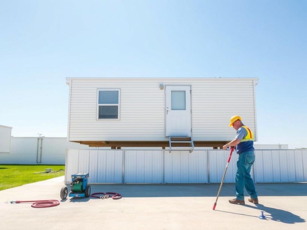 A clean and minimalistic image depicting a skilled technician leveling a mobile home on a sunny day. The technician is focused on their work, using precise tools, with a partially leveled mobile home in the background. The environment is clear and bright, showcasing a well-maintained area with simple colors and lines, emphasizing the professionalism and care in the service provided.