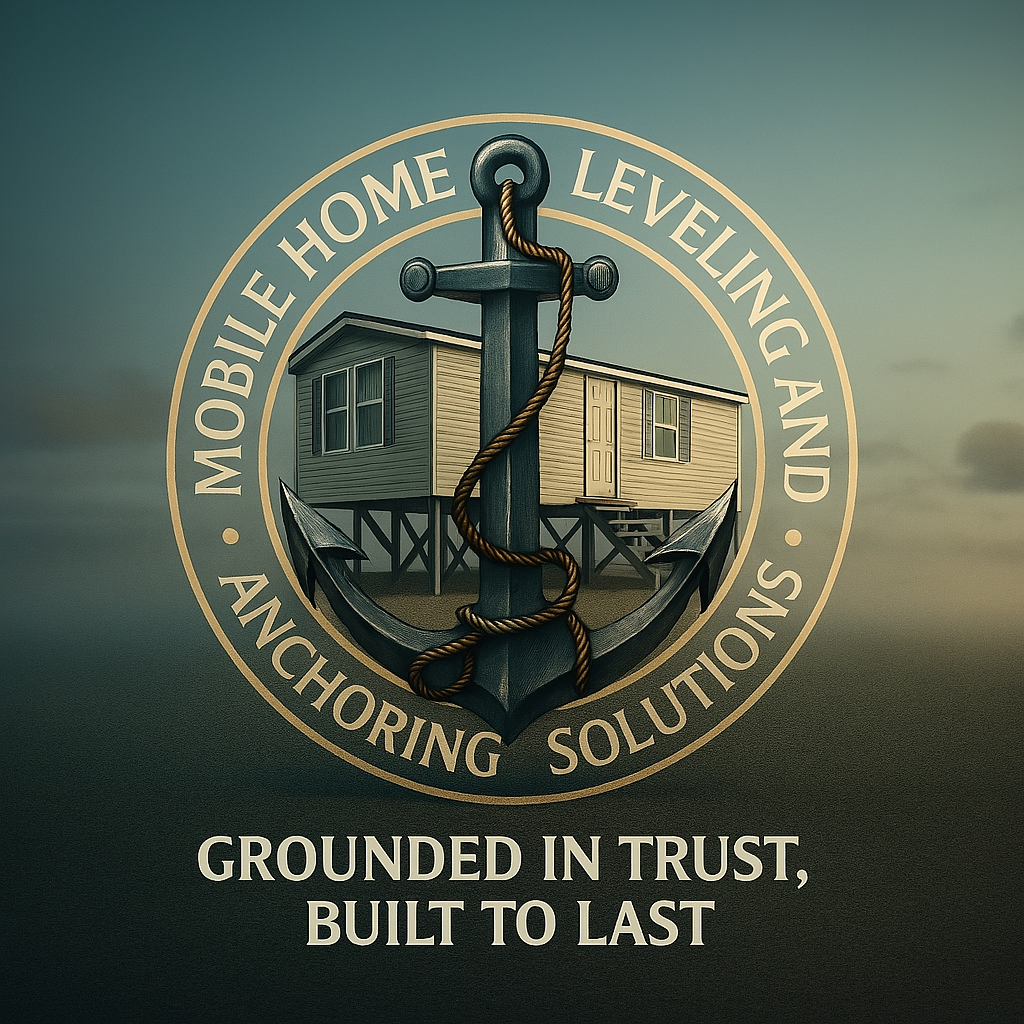 logo with with mobile home leveling and anchoring solutions. Grounded in trust built to last.