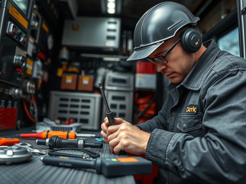 A close-up image showcasing a technician retrofitting a mobile unit for enhanced safety. The technician is seen installing new safety features, with tools and materials spread out. The background includes a mobile unit that looks well-maintained but is undergoing upgrades. The image conveys a sense of improvement and dedication to providing high-quality safety solutions.