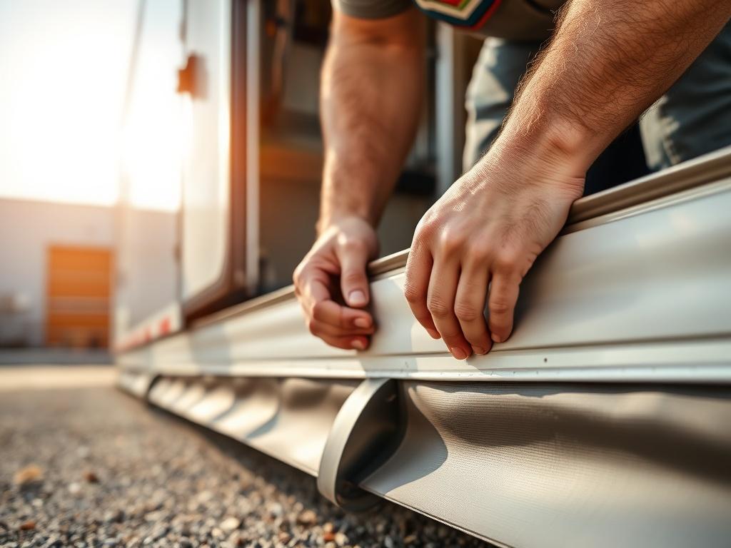 A hyper-realistic close-up of a skilled technician installing skirting around a mobile unit. The focus is on the technician's hands as they carefully attach the skirting panels, demonstrating precision and care. The background includes a partially completed installation, showcasing the importance of aesthetics and protection for the mobile unit. Bright sunlight highlights the materials, emphasizing quality craftsmanship.