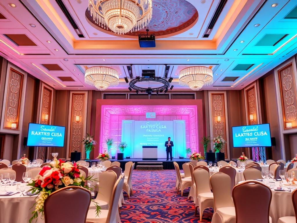 A close-up shot of a vibrant event setting showcasing a beautifully designed conference room with elegant decor, featuring a stage with a podium and a backdrop for presentations. The room is filled with engaging elements like lighting, floral arrangements, and AV equipment, creating a professional yet inviting atmosphere. The image should capture the essence of a well-executed event, emphasizing the attention to detail and the dynamic environment that stimulates inspiration and engagement. The color scheme 