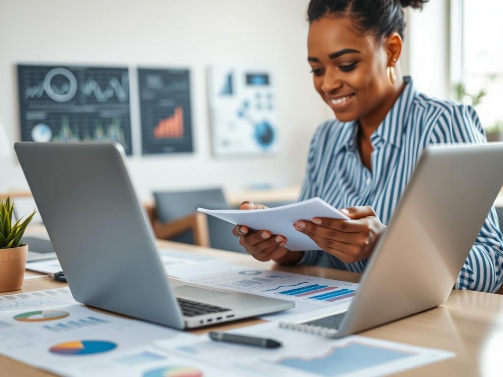 A close-up shot of a light skin black woman analyzing data on a laptop, surrounded by charts and graphs on a desk. She appears focused and engaged, with a notepad in hand, showcasing her analytical skills. The background is a clean, modern office space with soft lighting, highlighting the importance of data in decision-making.
