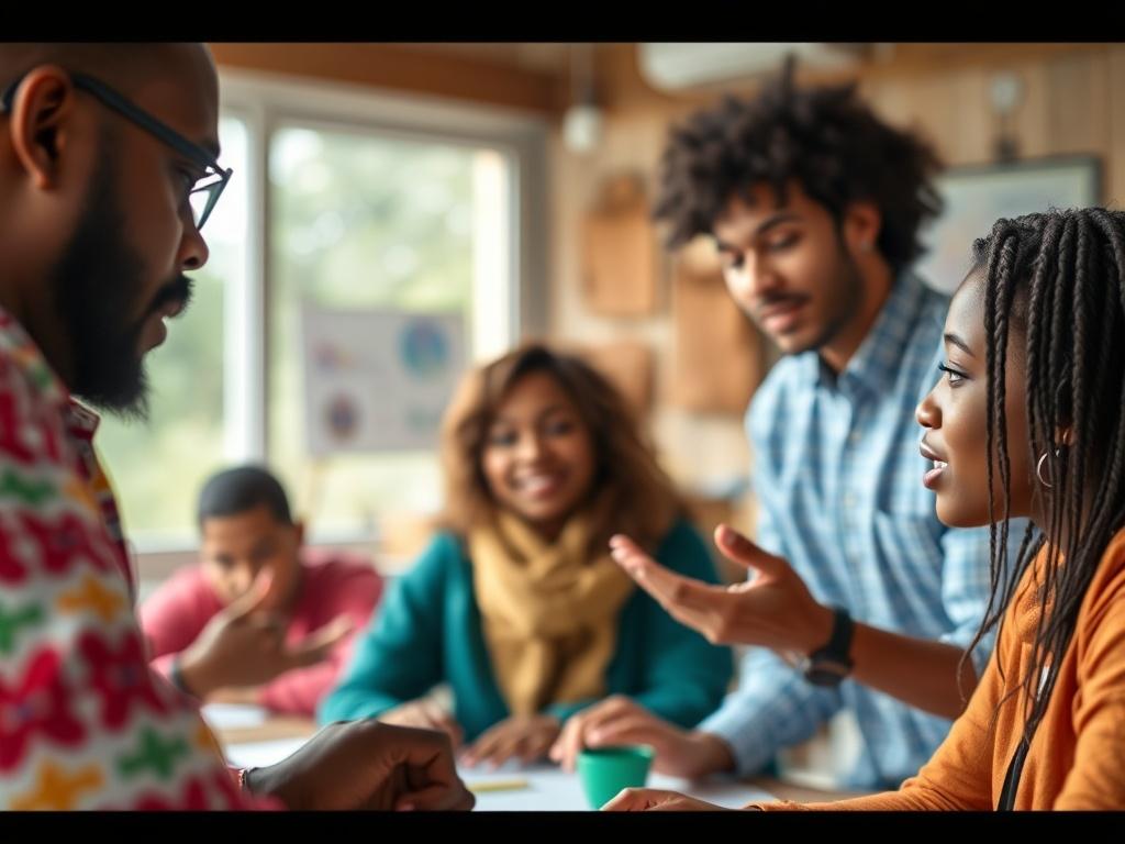 A vibrant close up shot of community members engaged in