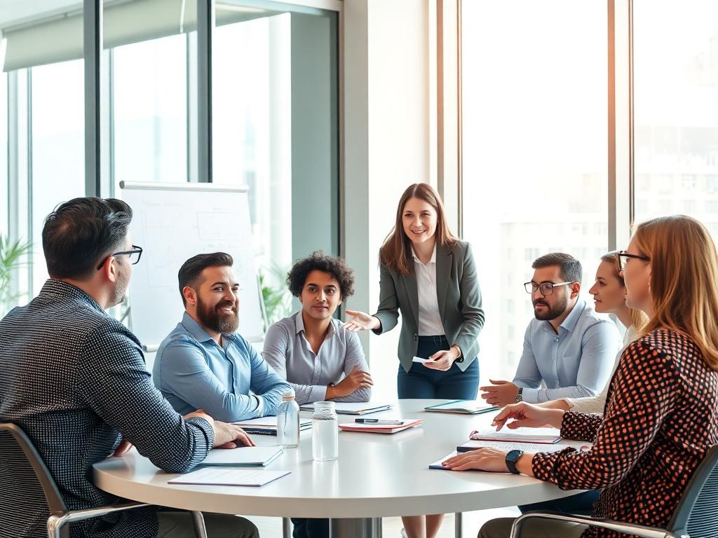 A realistic high-resolution photo of a diverse team engaged in an interactive training session. The focus is on a group of six professionals sitting at a round table, with a female trainer at the front, actively discussing and using a presentation board. The background is a bright, modern office space with large windows letting in natural light. The image conveys a sense of collaboration and engagement, with team members taking notes and participating actively.