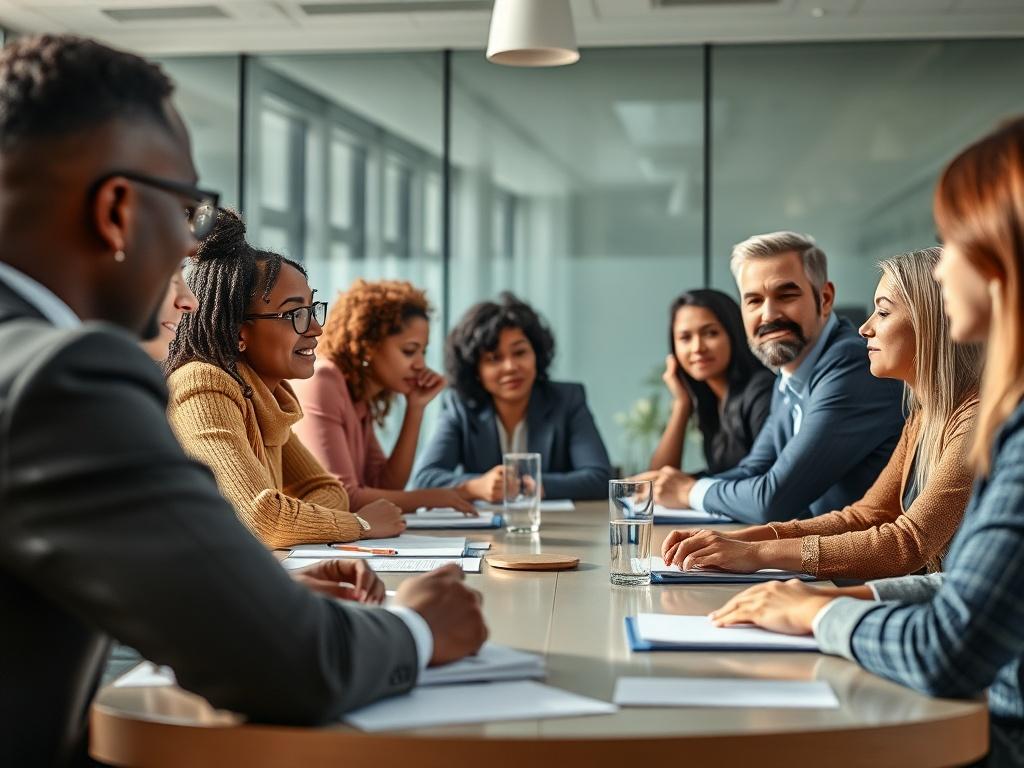 A close-up shot of diverse individuals engaged in a roundtable discussion, showcasing an atmosphere of collaboration and dialogue. The setting includes a modern conference room with natural light, and participants appearing attentive and engaged, reflecting a variety of backgrounds and expertise. The image should convey a sense of community and active participation, with a focus on the people and their interactions, captured in hyper-realistic detail.