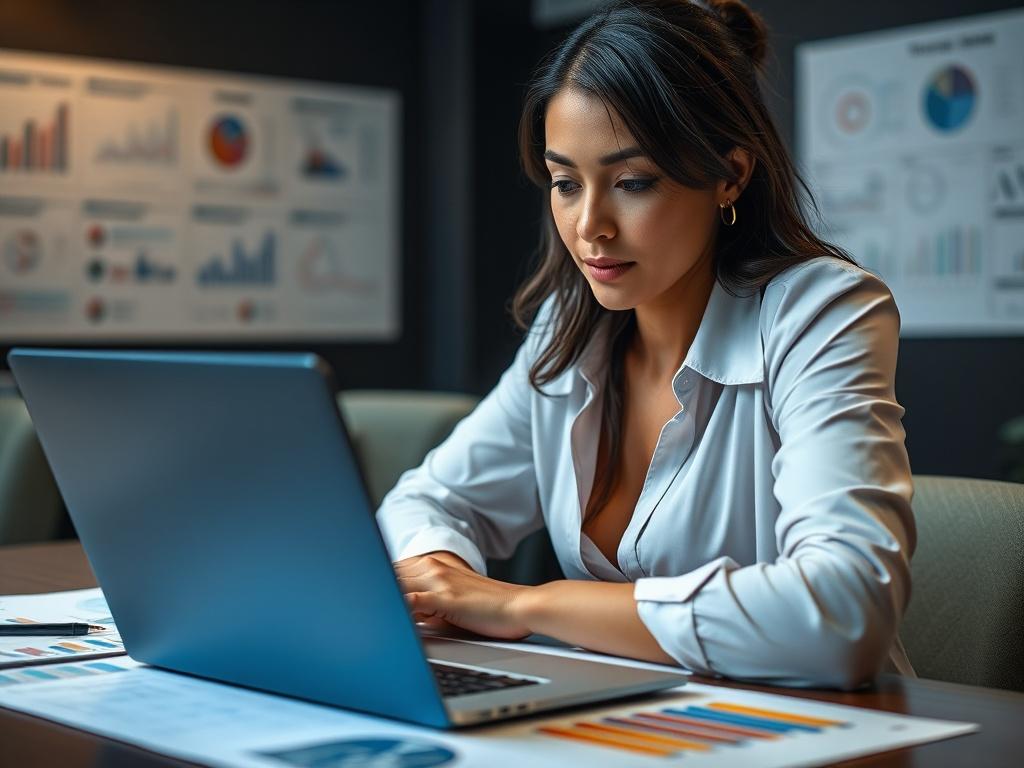 A hyper-realistic close-up shot of a professional woman analyzing program data on a laptop, surrounded by charts and graphs on a desk. The background should be softly blurred to emphasize the subject, focusing on her engaged expression as she reviews performance metrics. The color palette should incorporate shades of rgb(4, 104, 120) to maintain brand consistency.
