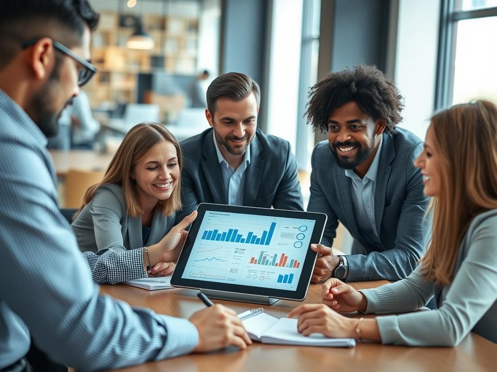 A hyper-realistic close-up shot of a diverse team of professionals discussing technology strategies around a table. One person is presenting a digital tablet displaying graphs and data, while others are engaged and taking notes. The background should be an office environment with modern decor, emphasizing collaboration and innovation. The lighting should be bright and professional, capturing the essence of teamwork in technology innovation.