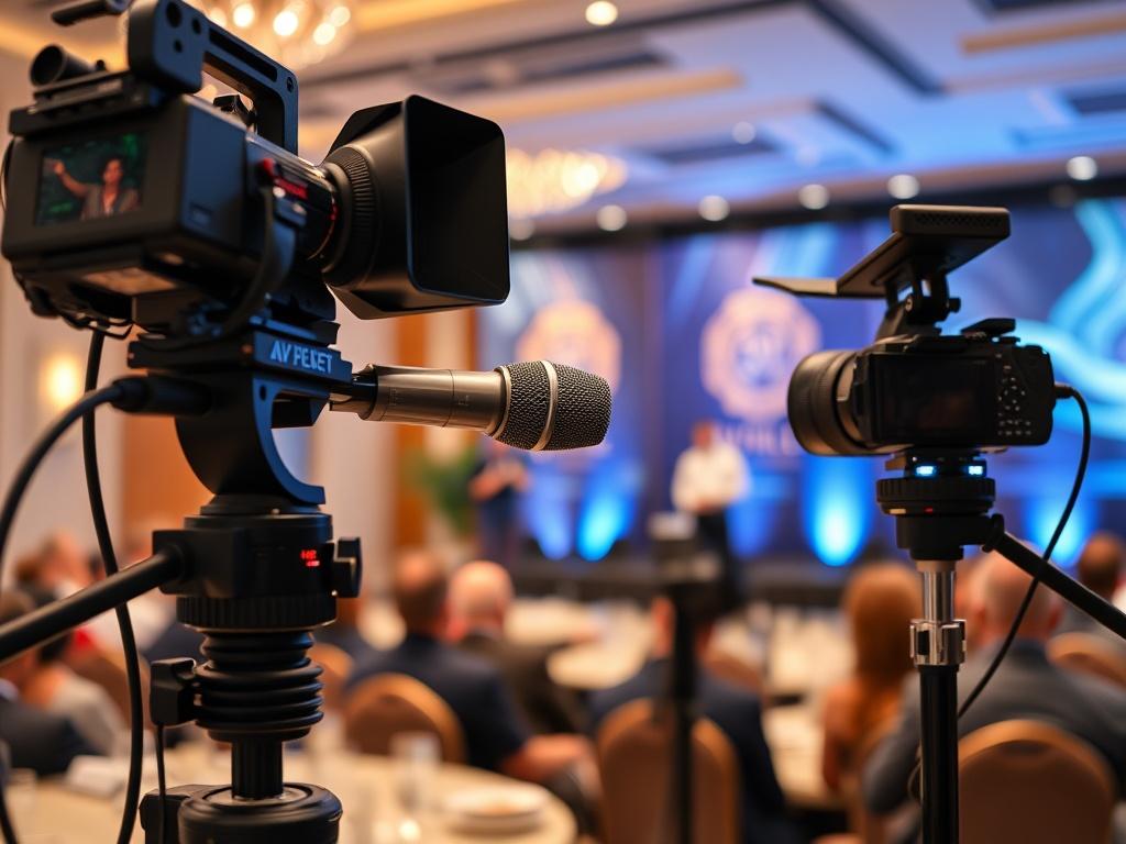 A professional AV setup in a bright conference room, showcasing high-quality microphones and cameras in action, with a backdrop displaying an elegant event banner. The scene captures a moment of a speaker engaging with an audience, highlighting a blend of technology and creativity. The focus is on the AV equipment and the speaker, with a soft bokeh effect in the background to emphasize the professionalism and quality of the production.