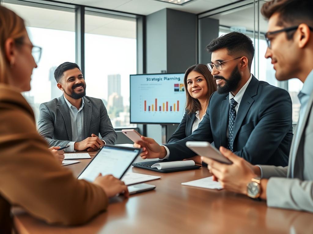A close-up shot of a diverse team of professionals in a modern office setting, engaged in a strategic planning meeting. One person is presenting a digital presentation on a laptop, while others are taking notes and discussing ideas. The background features a sleek conference room with windows showing a cityscape, emphasizing a collaborative and innovative environment. The lighting is bright and inviting, highlighting the team's engagement and focus on communication strategy.