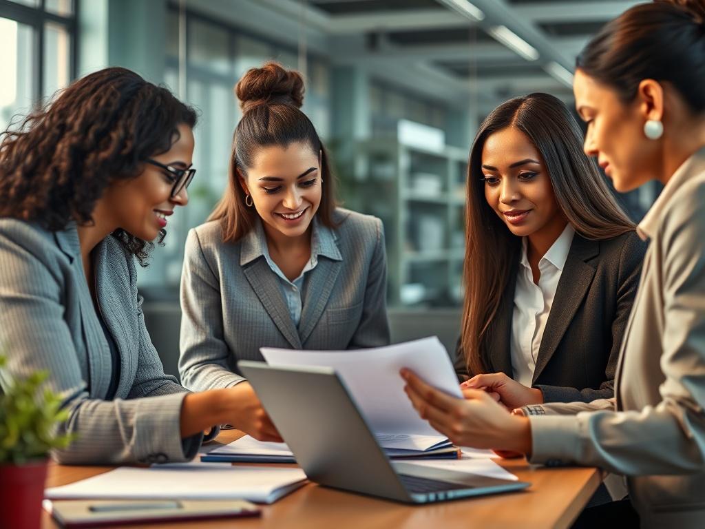 A hyper-realistic close-up shot of a diverse group of professionals collaborating in an office setting, showcasing women and minority representation. They are engaged in a discussion over documents and laptops, with an emphasis on teamwork and innovation. The background is softly blurred to focus on the subjects while maintaining a professional atmosphere. The color palette should include the primary color rgb(4, 104, 120) subtly integrated into the office decor.