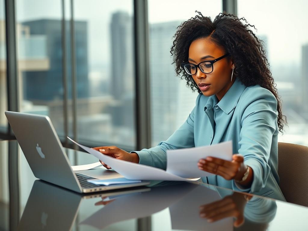 A close-up shot of a confident bi-racial woman in a professional setting, engaged in a discussion about contract support. She is seated at a modern conference table, reviewing documents and using a laptop. The background features a well-lit office space with a large window showing a cityscape. The color palette includes shades of teal to match the branding of Adnitio Solutions.