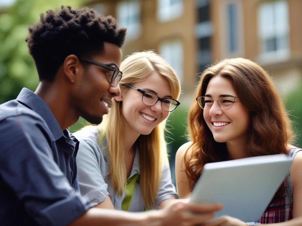 A focused close-up shot of a diverse group of students discussing college options, showcasing determination and collaboration. The background should be softly blurred to emphasize the students, with a warm and inviting atmosphere. The image should be realistic and high-resolution, reflecting a sense of guidance and support in a college planning context.