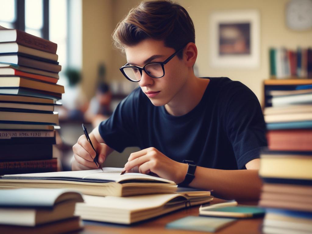 A focused close-up shot of a student working on a college application at a desk, surrounded by books and a laptop. The background is softly blurred to emphasize the student's concentration and determination. The lighting is warm and inviting, creating an atmosphere of productivity and focus. The primary color theme is a rich green, enhancing the sense of growth and opportunity.