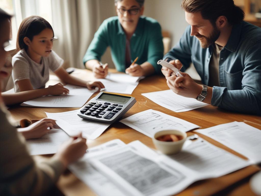 A close-up image of a family discussing financial aid options over a dining table, with papers, a calculator, and a laptop in front of them. The scene captures a moment of collaboration and planning, highlighting the importance of financial discussions in education. Soft, natural lighting creates a calm and focused environment, with a warm color palette to evoke a sense of support and teamwork.