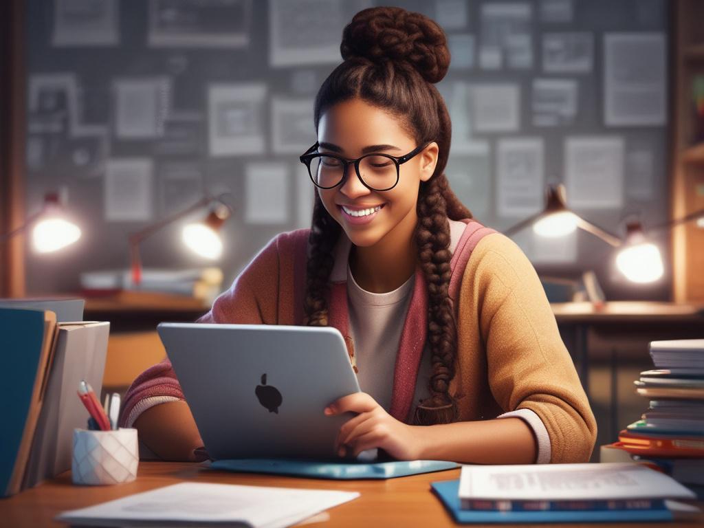 A detailed close-up of a student excitedly reviewing scholarship opportunities on their laptop, surrounded by notebooks and highlighters. The expression of joy and hope on the student's face illustrates the excitement of finding financial support for college. The background features a cozy study space with personal touches, and the lighting is bright and energizing, reflecting optimism and ambition.