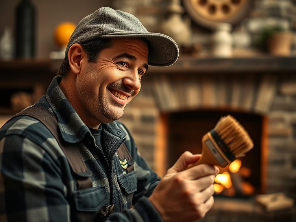 A close up shot of a chimney sweep at work,