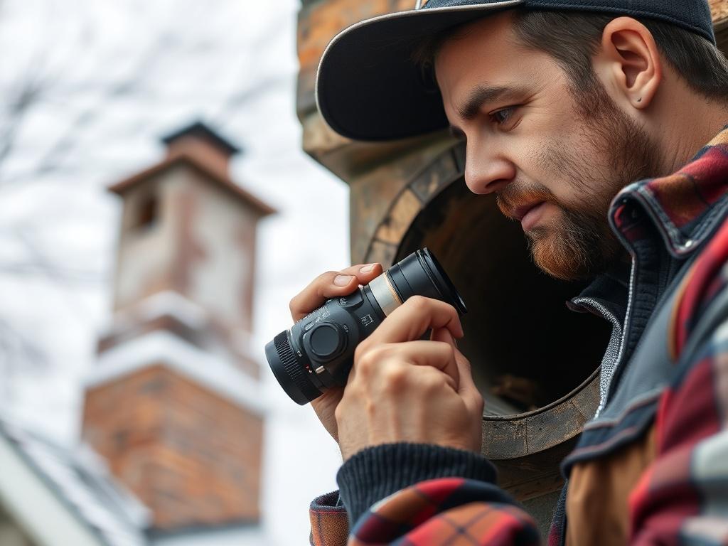 A detailed image of a chimney inspector using a camera