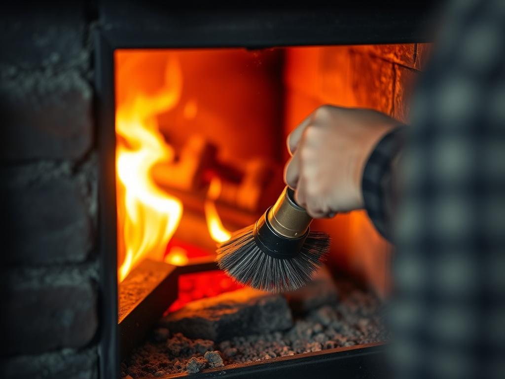 A close up shot of a professional chimney sweep cleaning