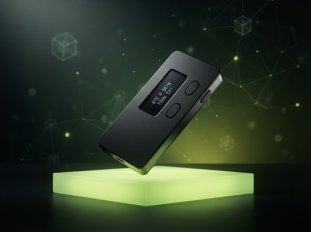A compact hardware crypto wallet on a luminous green pedestal