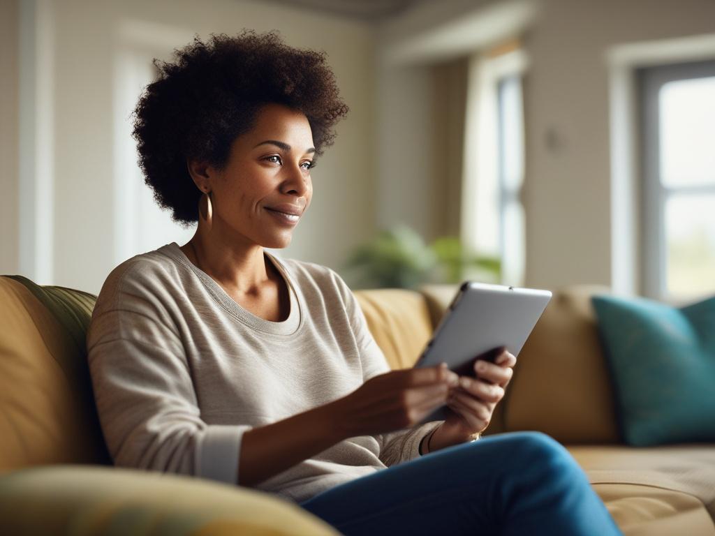 A warm, reassuring image of a mixed race woman in her 50s, comfortably using a tablet. She is seated in a relaxed home setting, surrounded by cozy decor. Soft lighting creates an inviting atmosphere, emphasizing the comfort of home. The focus is on her engaged expression as she interacts with the tablet.