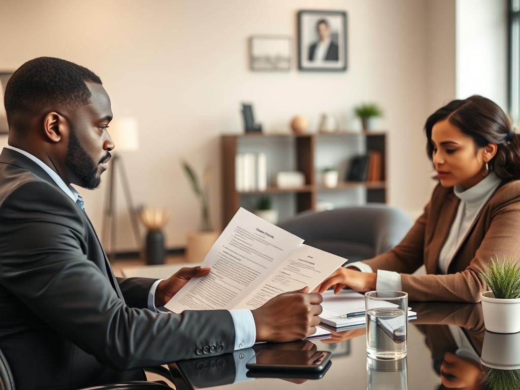A black attorney and a couple engaged in a focused document review meeting. The attorney is seated at a modern desk, reviewing legal documents with an attentive expression. The couple, looking engaged and thoughtful, sits across from the attorney, examining the documents together. The background features a well-lit office with bookshelves and a few decorative items, creating a professional yet welcoming atmosphere. The overall composition should portray collaboration and trust.