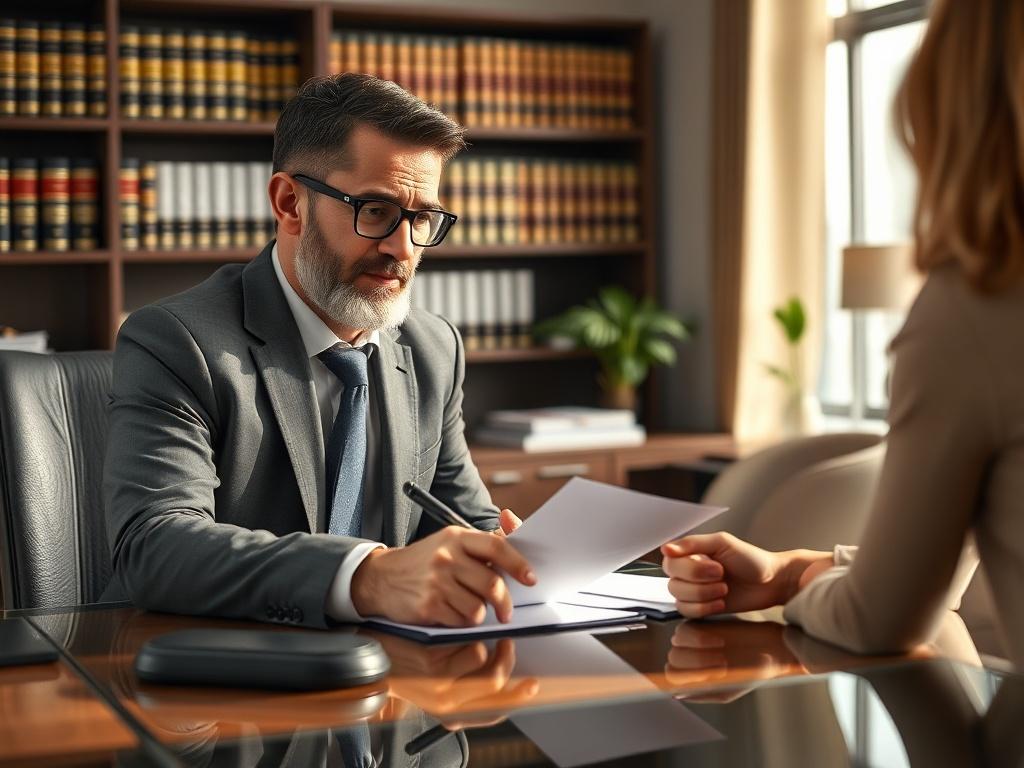 A close-up shot of a confident estate lawyer engaged in a discussion with a client, showcasing a warm and professional atmosphere. The lawyer is seated at a sleek desk with legal documents and a pen in hand, actively listening to the client. The background features a well-organized office with shelves of legal books and a soft, natural light illuminating the scene, reflecting a sense of trust and expertise. The image captures the essence of personal attention in legal matters.