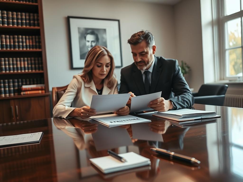 A husband and wife sitting at a polished wooden table in an attorney's office, engaged in a strategy meeting. The couple appears attentive and focused, discussing important documents laid out in front of them. The office is well-appointed with legal books on shelves, a large window letting in natural light, and a notepad with a pen ready for note-taking. The atmosphere conveys professionalism and trust.