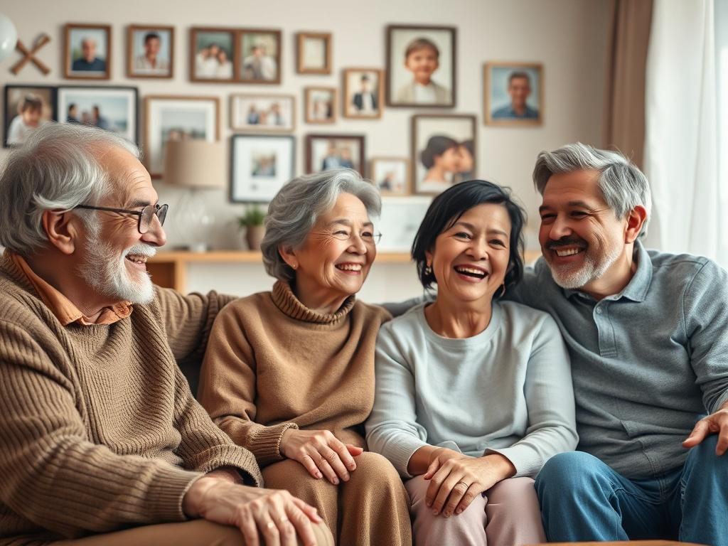 A close-up shot of a serene family gathering in a cozy living room, capturing a moment of laughter and connection. The scene features a diverse family, including grandparents, parents, and children, all smiling together. The background shows a warm, inviting space with family photos on the wall, soft natural lighting, and comfortable furnishings, reflecting a sense of unity and love.