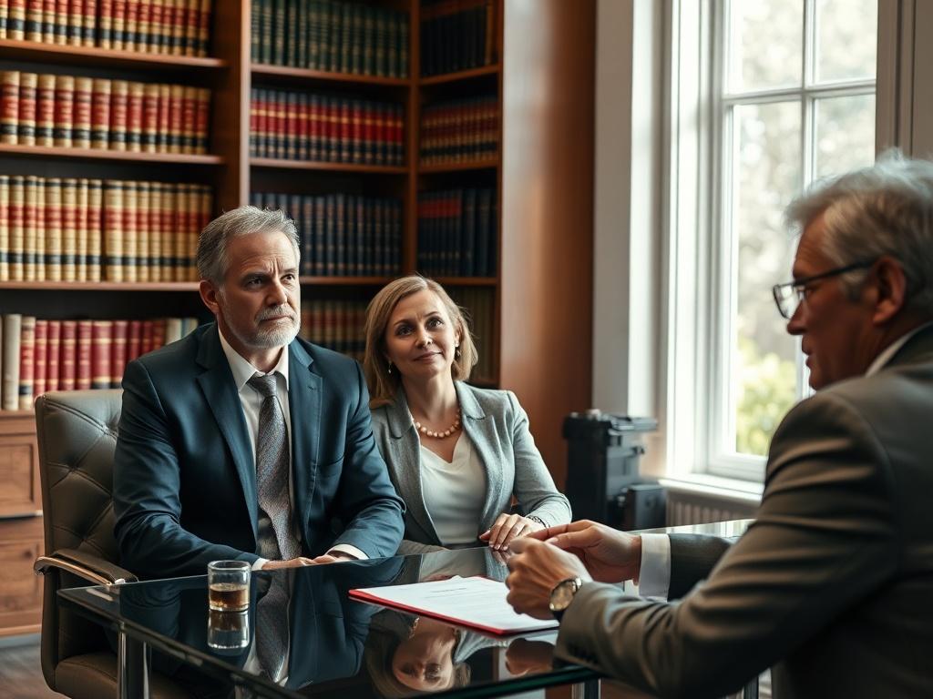 A husband and wife sitting in an attorney's office, engaged in a strategy meeting with a lawyer. The focus is on the couple, who appear attentive and thoughtful. They are dressed in business casual attire. The lawyer, a middle-aged individual, is seated across from them, gesturing towards a legal document on the table. The office is well-lit, with bookshelves filled with law books in the background. A window shows a glimpse of a sunny day outside, adding warmth to the scene.