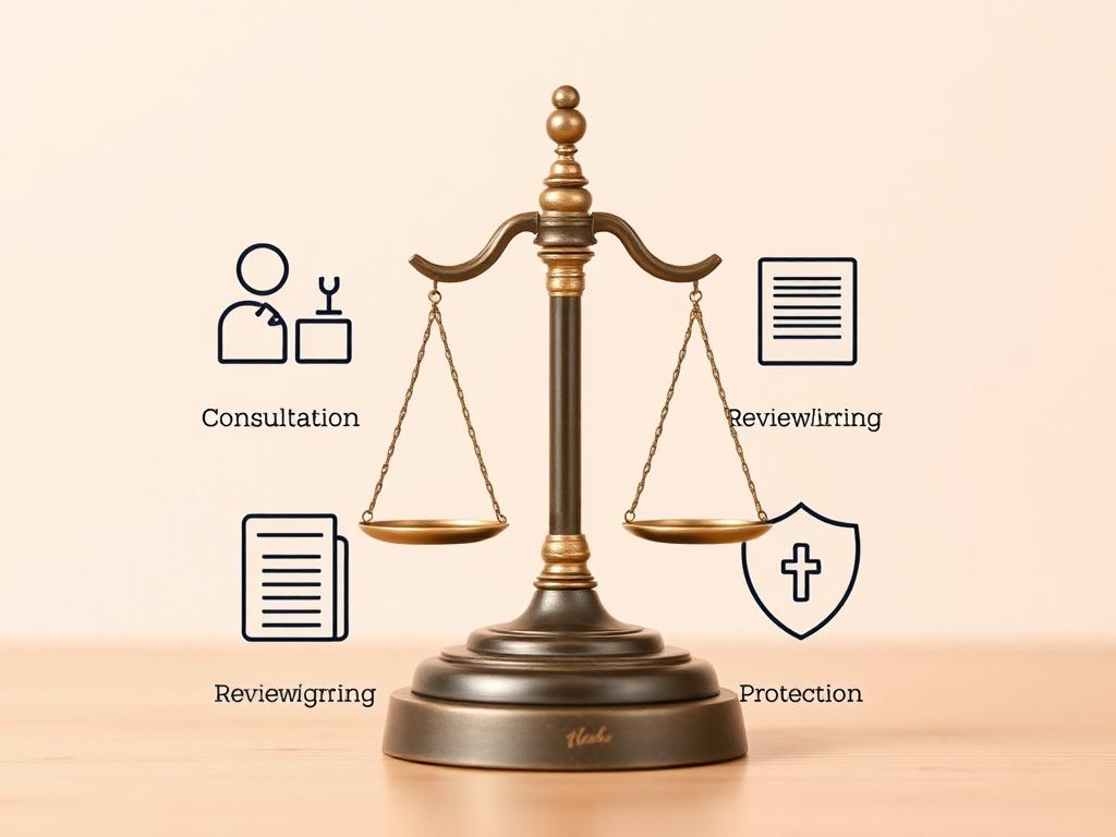 An inviting image illustrating the four-step legal process, represented by simple icons or illustrations: consultation, form submission, review/signature, and protection. The background should be calming and pastel-colored.