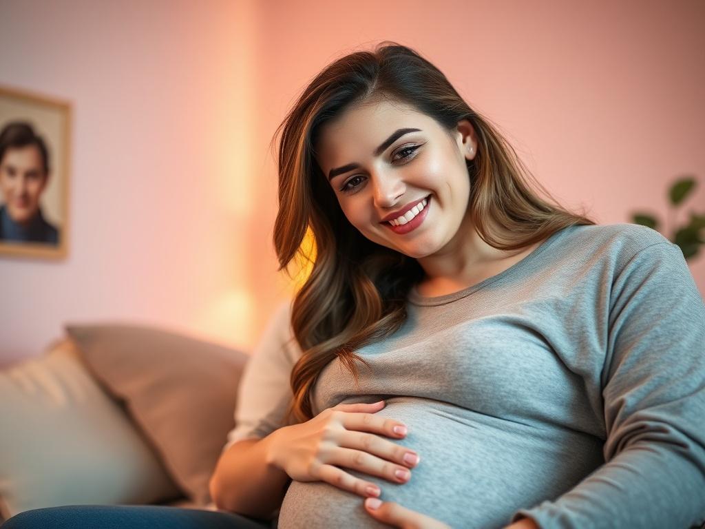 A close-up shot of a pregnant woman and her partner, both smiling and relaxed in a softly lit room. The background should be a warm, inviting space with pastel colors, conveying a sense of comfort and security.