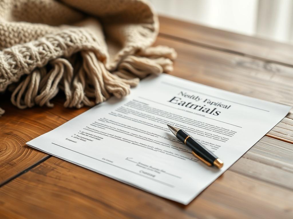 A serene image of legal documents on a wooden table, accompanied by a pen and a cozy blanket, symbolizing the preparation for a new family arrival. The scene should incorporate soft lighting and inviting colors.
