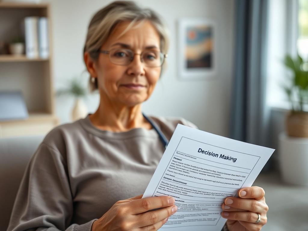 A close-up shot of a patient holding completed medical decision-making documents, looking calm and assured. The background features a serene environment, perhaps a soft-focus image of a healthcare consultation room, symbolizing trust and empowerment.